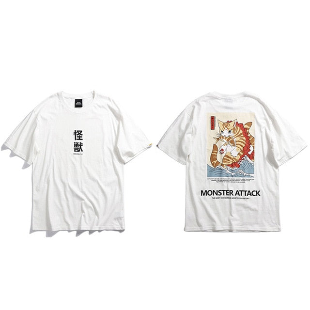 Men Hip Hop T Shirt Streetwear Monster Cat T-Shirts Harajuku Japan Style Funny Tshirt Summer Short Sleeve Cotton Tops Tees-6