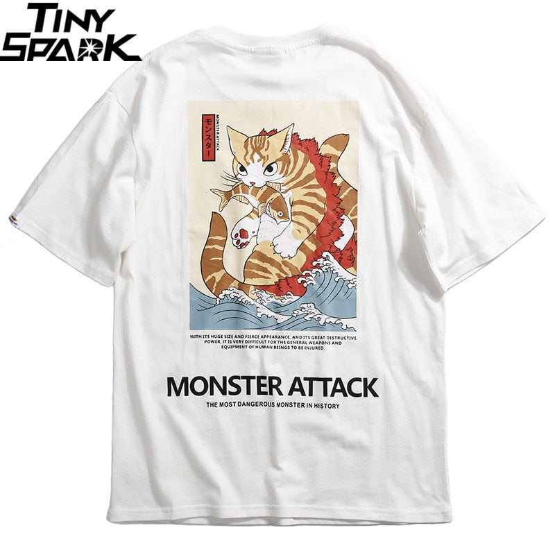 Men Hip Hop T Shirt Streetwear Monster Cat T-Shirts Harajuku Japan Style Funny Tshirt Summer Short Sleeve Cotton Tops Tees-3