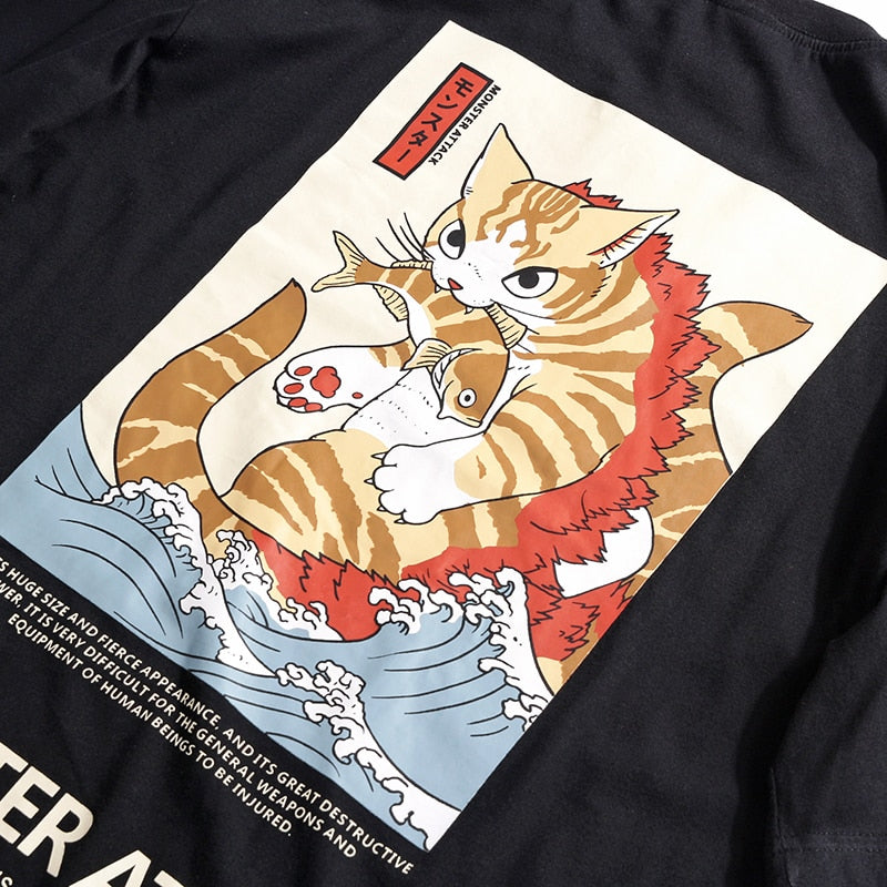 Men Hip Hop T Shirt Streetwear Monster Cat T-Shirts Harajuku Japan Style Funny Tshirt Summer Short Sleeve Cotton Tops Tees-4