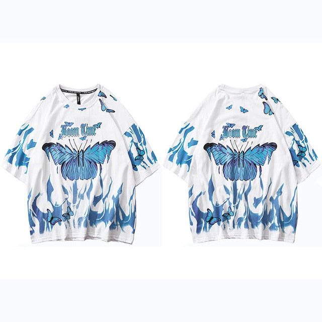Mens Hip Hop T Shirts Blue Fire Flame Butterfly Streetwear Tshirt Harajuku Summer Short Sleeve T-Shirt Cotton Tops Tees-6