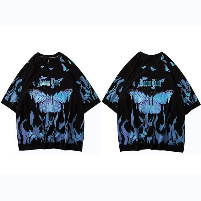 Mens Hip Hop T Shirts Blue Fire Flame Butterfly Streetwear Tshirt Harajuku Summer Short Sleeve T-Shirt Cotton Tops Tees-5