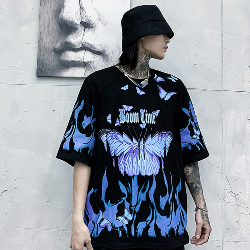 Mens Hip Hop T Shirts Blue Fire Flame Butterfly Streetwear Tshirt Harajuku Summer Short Sleeve T-Shirt Cotton Tops Tees-4