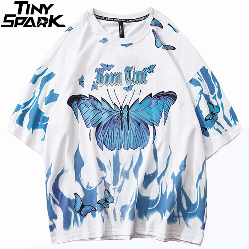 Mens Hip Hop T Shirts Blue Fire Flame Butterfly Streetwear Tshirt Harajuku Summer Short Sleeve T-Shirt Cotton Tops Tees-3