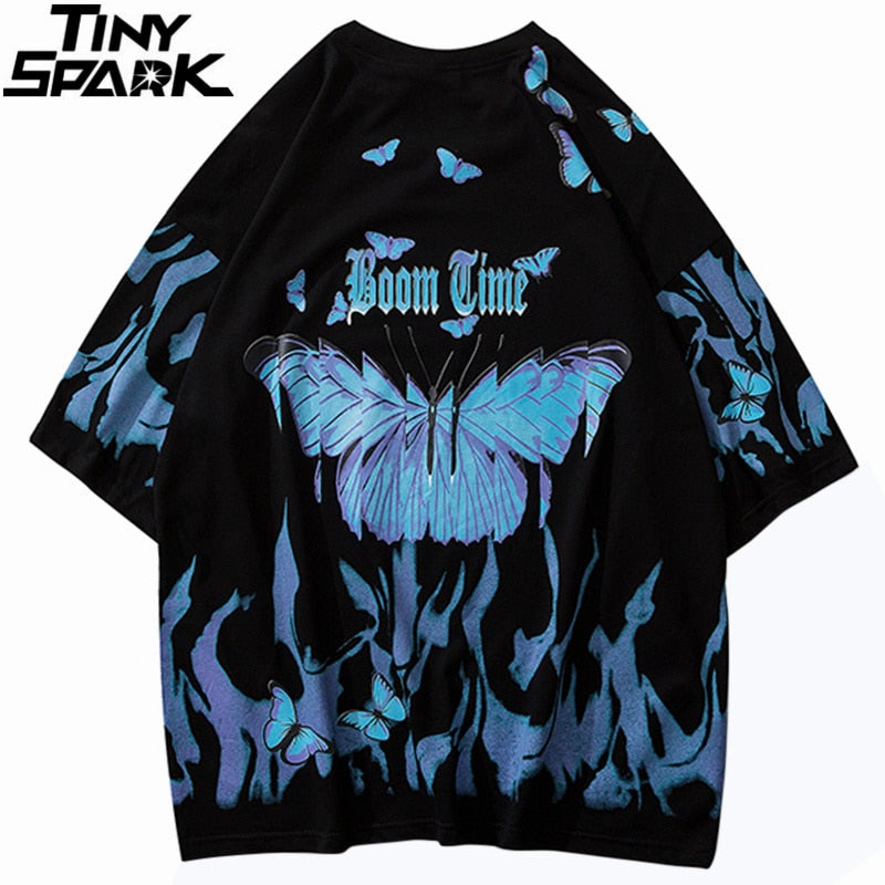 Mens Hip Hop T Shirts Blue Fire Flame Butterfly Streetwear Tshirt Harajuku Summer Short Sleeve T-Shirt Cotton Tops Tees-2