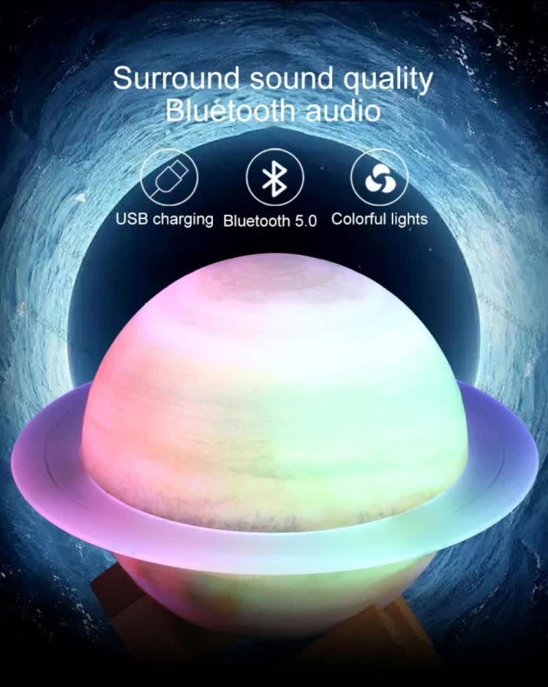 NNEDSZ Yellow 3D Saturn Ring Bluetooth Speaker with Adjustable LED Lights, HiFi Bass, USB Charging, and Immersive Sound for Home and Desktop Use-3