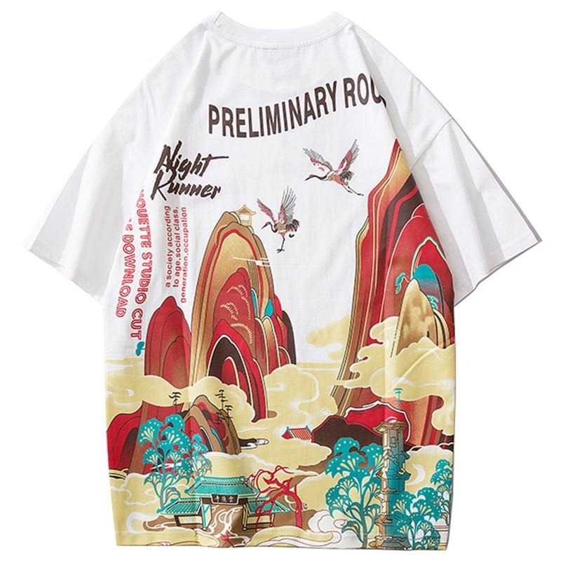 Streetwear T Shirt Men Hip Hop Chinese Colorful Fairyland Tshirt Short Sleeve Cotton-2