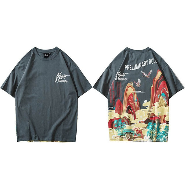 Streetwear T Shirt Men Hip Hop Chinese Colorful Fairyland Tshirt Short Sleeve Cotton-3