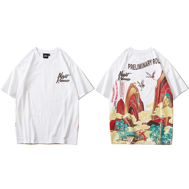 Streetwear T Shirt Men Hip Hop Chinese Colorful Fairyland Tshirt Short Sleeve Cotton-5
