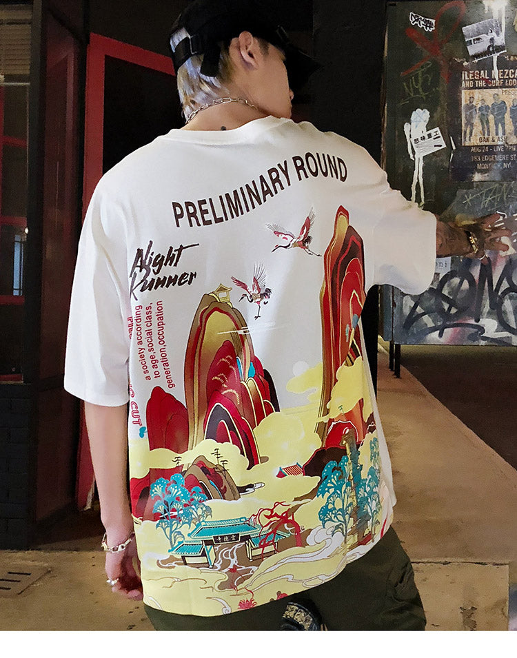 Streetwear T Shirt Men Hip Hop Chinese Colorful Fairyland Tshirt Short Sleeve Cotton-4