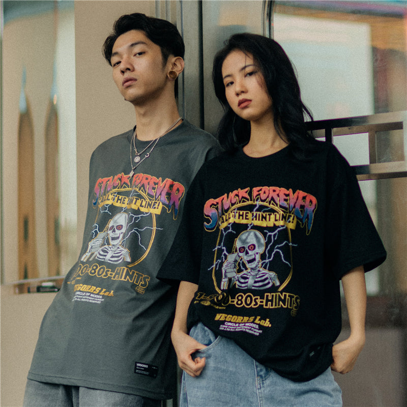 Hip Hop Lightning Skull Print T Shirt Men Streetwear Gray Short Sleeve Tshirt Summer Tops Tees Harajuku Cotton T-Shirt-0