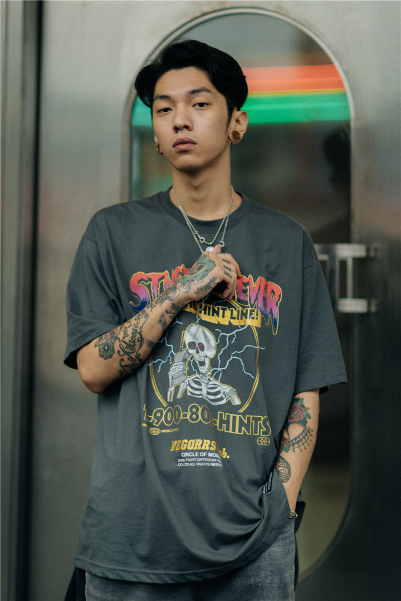 Hip Hop Lightning Skull Print T Shirt Men Streetwear Gray Short Sleeve Tshirt Summer Tops Tees Harajuku Cotton T-Shirt-1