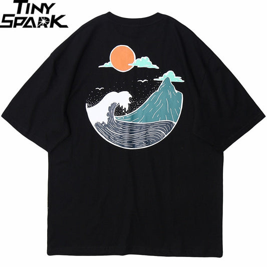 Great Wave T Shirts Hip Hop Mens Streetwear Harajuku Japanse Wave Tshirt Summer Short Sleeve T-Shirt Cotton Tops Tees Black-0