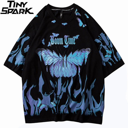 Mens Hip Hop T Shirts Blue Fire Flame Butterfly Streetwear Tshirt  Harajuku Summer Short Sleeve T-Shirt Cotton Tops Tees-0