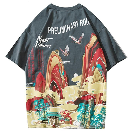 Streetwear T Shirt Men Hip Hop Chinese Colorful Fairyland Tshirt Short Sleeve Cotton-0