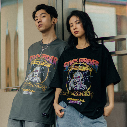 Hip Hop Lightning Skull Print T Shirt Men Streetwear Gray Short Sleeve Tshirt Summer Tops Tees Harajuku Cotton T-Shirt-0